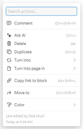 Notion menu bloku