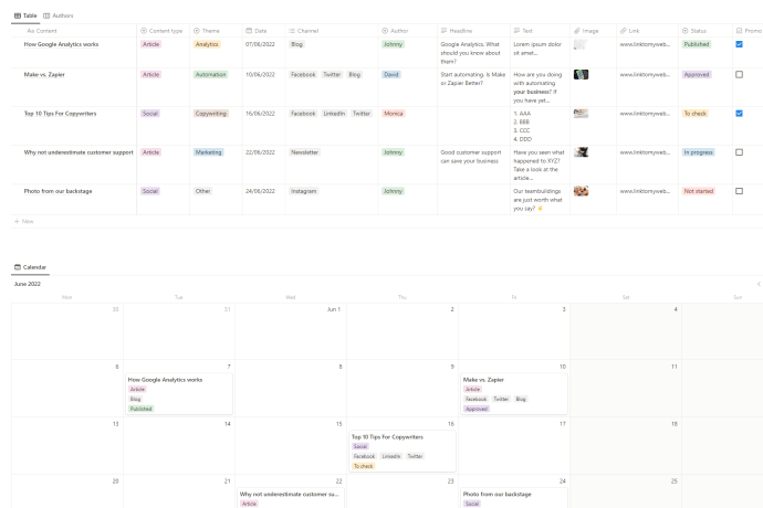 Notion content marketing calendar