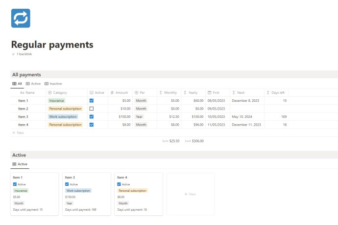 Notion regular payments